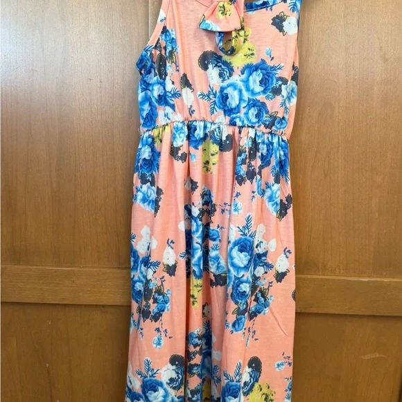 Mommy & Me XL & 2Y Floral Pink Maxi Dress with Blue Rose Print - Picture 2 of 5